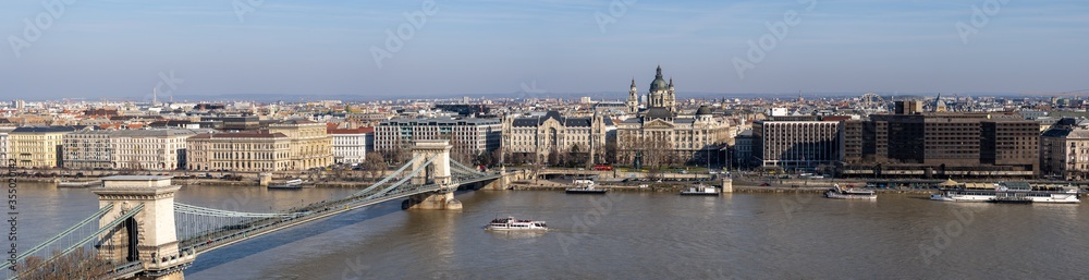 Panoramic view of of Szenchenyi Chain bridge over Danube river in Budapest winter