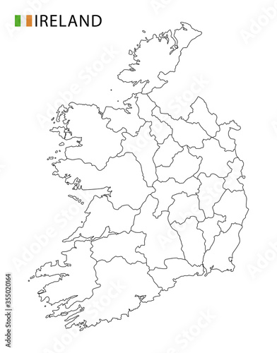 Ireland map, black and white detailed outline regions of the country.