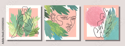 Vector set of collage modern poster with abstract shapes, exotic leaves and one line illustrations of womens. Use it as textile print, greeting card template, social media post, banner, invitation © lizavetas