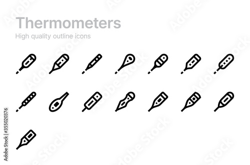 Digital thermometers. Contact devices. Vector icons. Outline style.