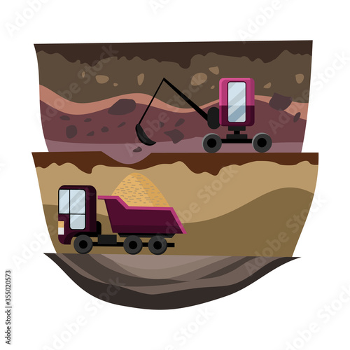 Natural resources design. Vector illustration of national treasure coal and sand. Mining quarry, heavy duty truck and a mining excavator. Equipment for high mining industry