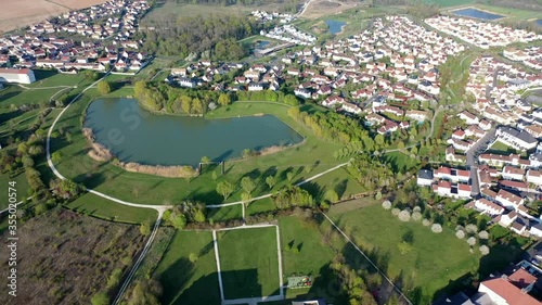 Panoramic aerial view of Lake Magny-le-Hongre