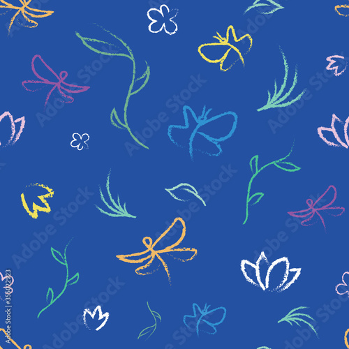 Seamless vector pattern with plants, butterflies and dragonflies.