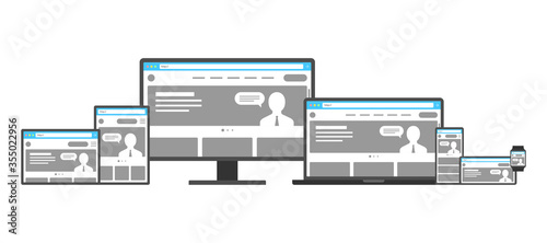 Responsive adaptive web design template set. Website on different devices. Desktop monitor, laptop, tablet, smartphone mobile app and smart watch display mockup. Flat digital vector eps illustration