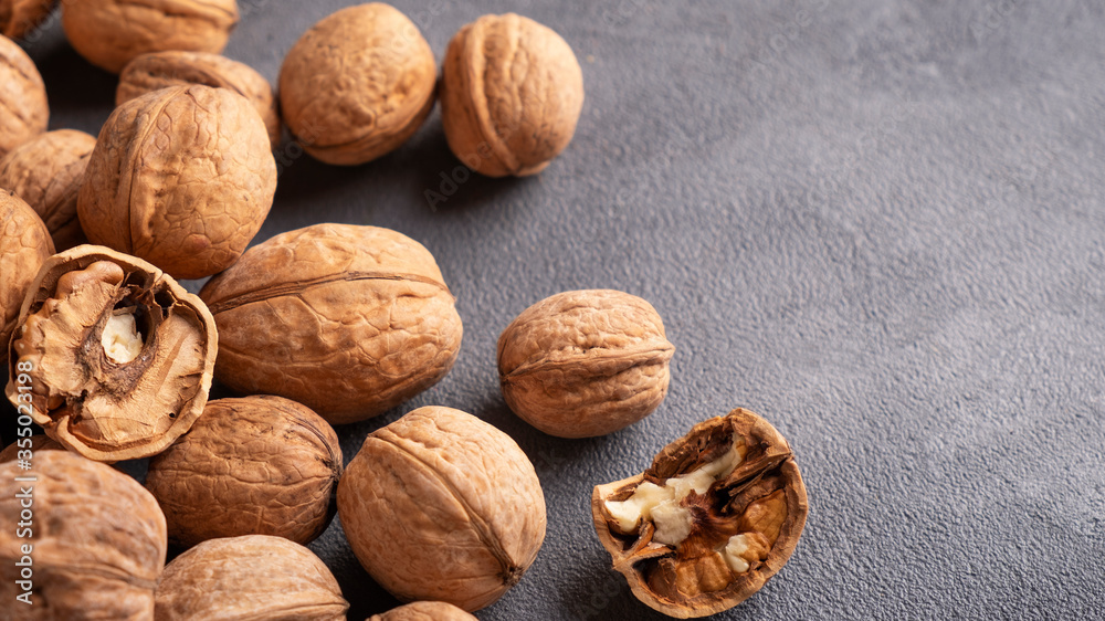 Walnut on gray background. Space for text Walnut on gray background. Space for text