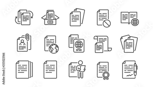 Documents line icons set. Contract agreement, Passport, Copy files. CV interview, documents workflow, attachment clip icons. Change files, wrong document, bureaucracy and contract signature. Vector