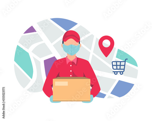 Courier delivering package using mask