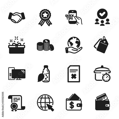 Set of Business icons, such as Water bottle, Education. Certificate, approved group, save planet. Debit card, Handshake, Internet. Computer, Banking money, Present box. Vector