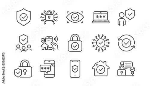 Security line icons set. Cyber lock, unlock, password. Guard, shield, home security system icons. Eye access, electronic check, firewall. Internet protection, laptop password. Linear set. Vector