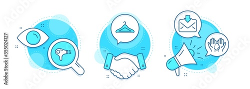 Cloakroom, Wash hands and Incoming mail line icons set. Handshake deal, research and promotion complex icons. Hair dryer sign. Hanger wardrobe, Skin care, Download message. Hairdryer. Vector