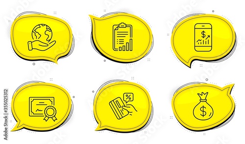 Credit card sign. Diploma certificate, save planet chat bubbles. Money bag, Mobile finance and Checklist line icons set. Usd currency, Phone accounting, Graph report. Loan percent. Finance set. Vector