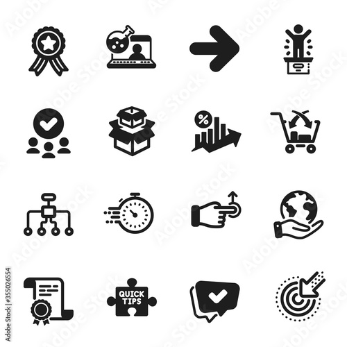 Set of Technology icons, such as Quick tips, Winner podium. Certificate, approved group, save planet. Loan percent, Cross sell, Online chemistry. Approved, Restructuring, Packing boxes. Vector