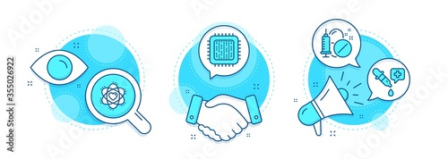 Chemistry pipette, Atom and Medical drugs line icons set. Handshake deal, research and promotion complex icons. Cpu processor sign. Laboratory, Electron, Medicine pills. Computer component. Vector