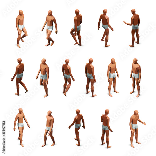 Vector isometric set of low poly man figure walking, standing simple poses, naked body. Front and back view.  