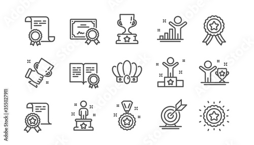 Success line icons set. Certificate, winner cup, goal target. Reward, medal with ribbon, crown icons. Award, winner podium, first place success. Statue, diploma with certificate, challenge. Vector