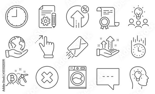 Set of Technology icons, such as Idea head, Loan percent. Diploma, ideas, save planet. Touchscreen gesture, Close button, Bitcoin mining. E-mail, Blog, Analysis graph. Vector