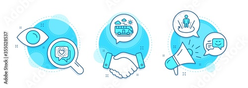Friends chat, Augmented reality and Bus travel line icons set. Handshake deal, research and promotion complex icons. Happy emotion sign. Friendship, Virtual reality, Transport. Web chat. Vector