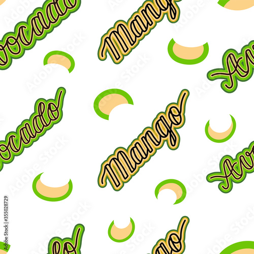 Mangoes and avocados seamless pattern.  Summer tropical texture for wrapping paper, foliage, linen, textile. Healthy food products design.