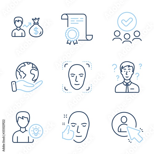 Face detection, User and Healthy face line icons set. Diploma certificate, save planet, group of people. Support consultant, Sallary and Person idea signs. Vector