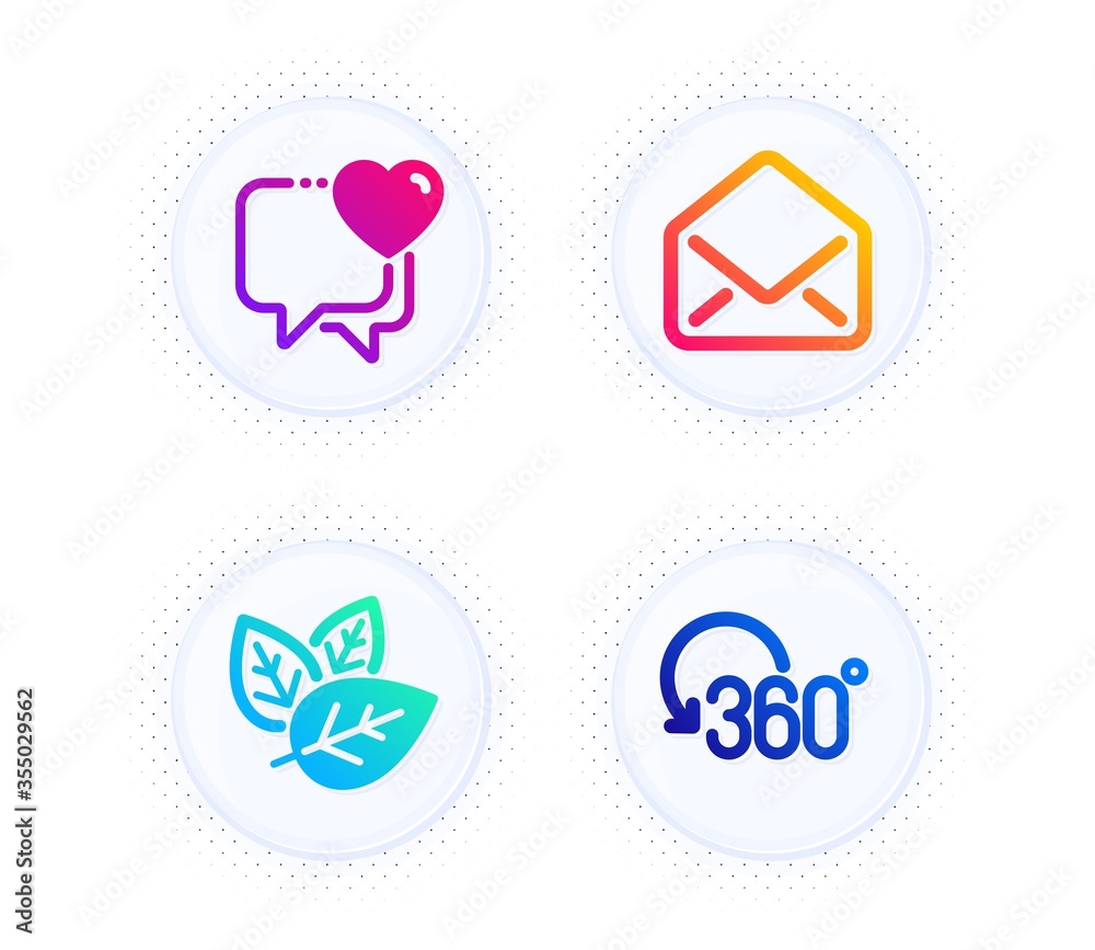 Mail, Organic tested and Heart icons simple set. Button with halftone dots. Full rotation sign. E-mail, Bio ingredients, Love chat. 360 degree. Business set. Gradient flat mail icon. Vector