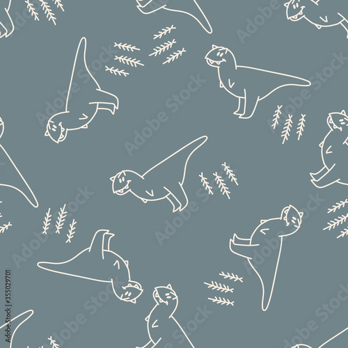 Seamless background blue Carnotaurus dinosaur gender neutral baby pattern. Simple whimsical minimal earthy 2 tone color. Kids nursery wallpaper or boho cartoon animal fashion all over print.