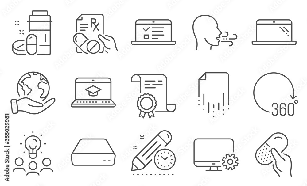 Set of Science icons, such as Prescription drugs, Website education. Diploma, ideas, save planet. Monitor settings, Medical drugs, Breathing exercise. 360 degrees, Capsule pill, Mini pc. Vector