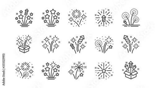 Firework salute line icons set. Christmas explosive pyrotechnic, carnival celebration and festival lights. New year firework set icons. Flash rocket, pyrotechnic effects, christmas salute. Vector