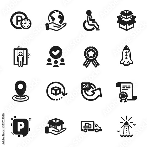 Set of Transportation icons, such as Return package, Location. Certificate, approved group, save planet. Parking, Packing boxes, Hold box. Disabled, Elevator, Rocket. Vector