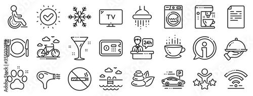 Wi-Fi, Air conditioning and Coffee maker machine. Hotel service line icons. Spa stones, swimming pool and bike rental icons. Hotel parking, safe and shower. Food, coffee cup. Vector