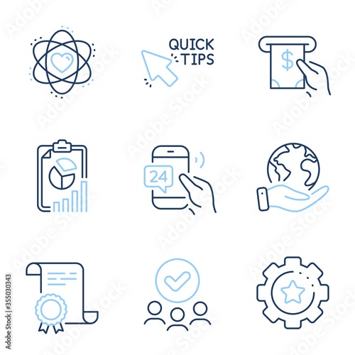 Atom, Quick tips and 24h service line icons set. Diploma certificate, save planet, group of people. Report, Atm service and Settings gear signs. Electron, Helpful tricks, Call support. Vector