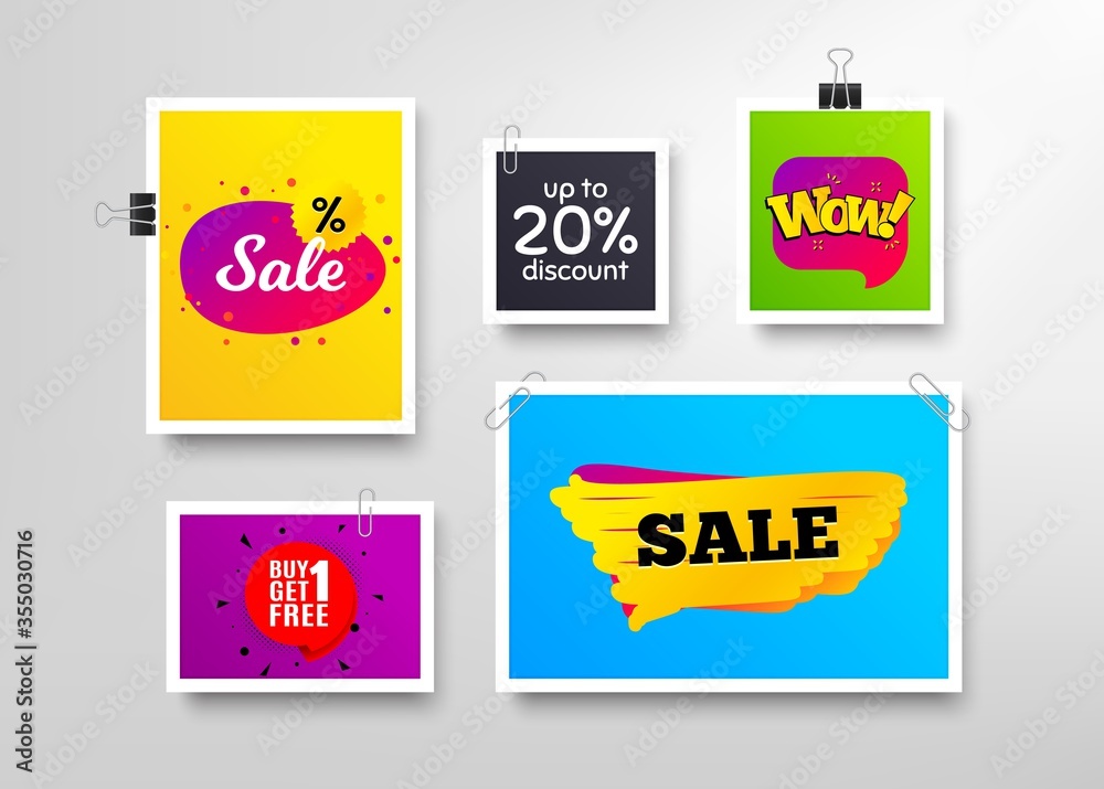 Sale discounts, wow message and Special offer. Frames with promotional banners. Discount banner with speech bubble. Buy 1 get 1 free badge. Photo frames and sale offers. Vector