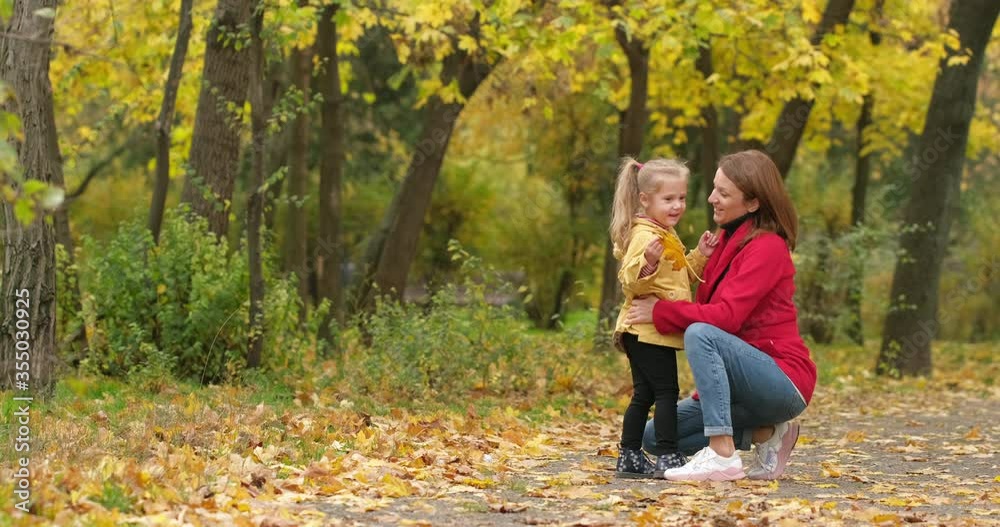 Happy mother with a child walks in the autumn park. Happy mother with a child walks in the autumn park.