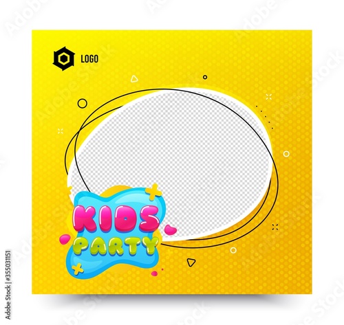 Kids party icon. Yellow banner template. Fun playing zone banner. Children games party area icon. Social media banner with chat bubble. Online shopping web template. Vector