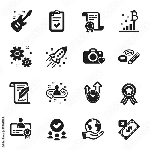 Set of Education icons, such as Time management, Photo camera. Certificate, approved group, save planet. Bitcoin graph, Recruitment, Rejected payment. Checklist, Work, Certificate. Vector