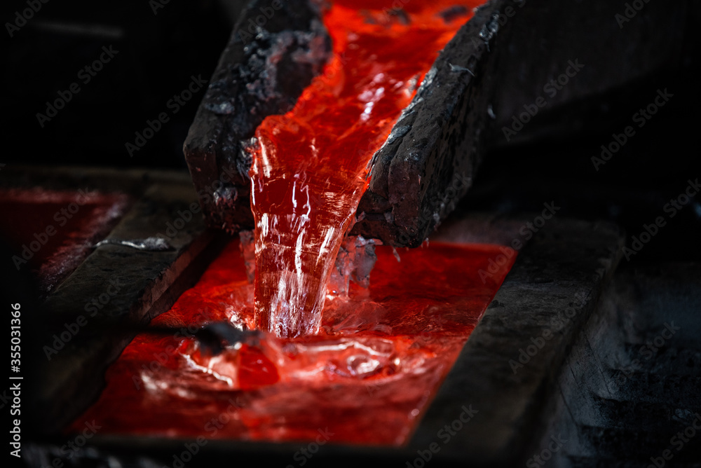 Hot steel pouring in steel plant, iron, aluminium - Master alloys production from molten aluminium - obrazy, fototapety, plakaty 