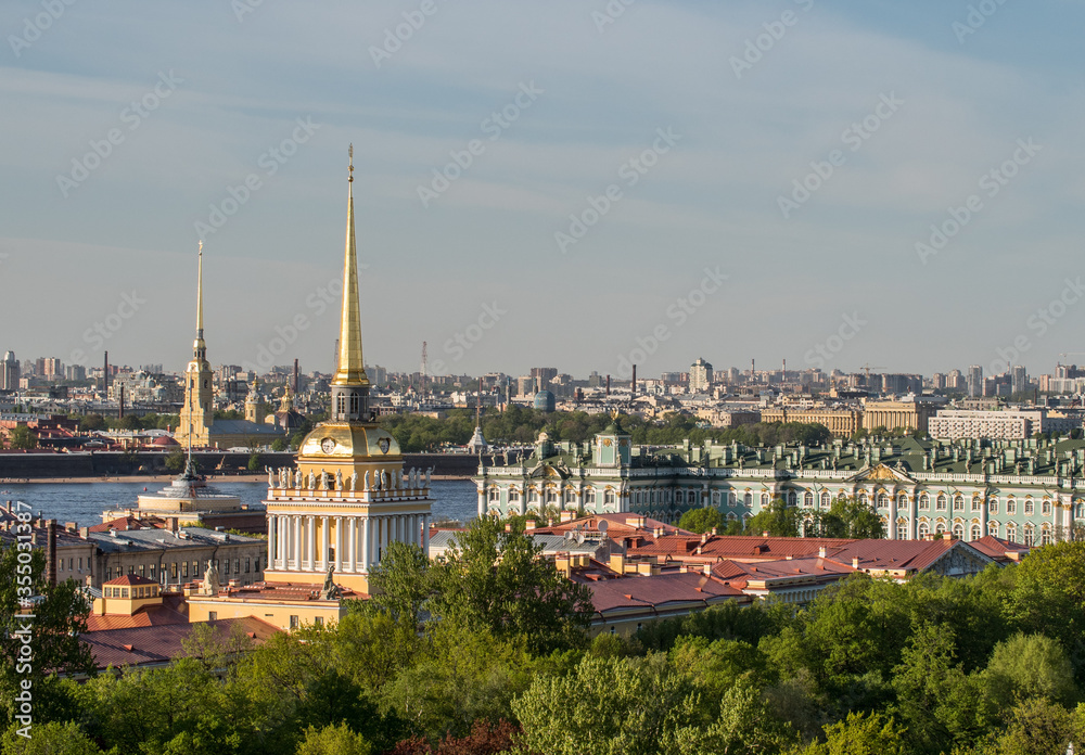 Roofs of Saint Petersburg with the Admiralty spire. Winter Palace and Neva.