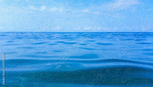 The bright blue water of the sea and the sky horizon. Illustration © ironstuffy