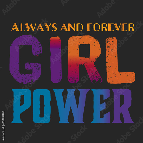 Girl power text, feminism slogan. Black inscription for t shirts, posters and wall art. Feminist sign handwritten with ink and brush. on a black background.