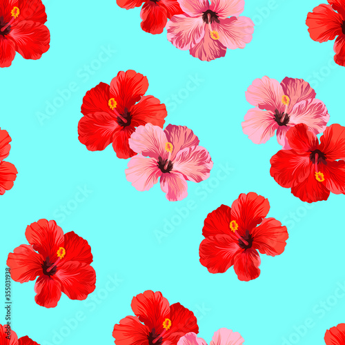 Seamless Trotical pattern with palm leaves and hibiscus flowers.