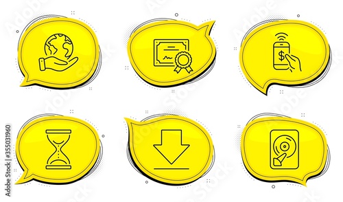 Hdd sign. Diploma certificate, save planet chat bubbles. Phone payment, Downloading and Time hourglass line icons set. Mobile pay, Load information, Sand watch. Memory disk. Business set. Vector