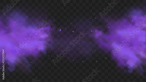 Purple smoke isolated on transparent dark background. Abstract purple powder explosion with particles and glitter. Smoke hookah, poison gas, violet dust, fog effect. Realistic vector illustration