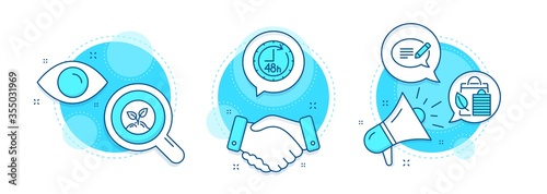 Message, 48 hours and Startup line icons set. Handshake deal, research and promotion complex icons. Bio shopping sign. Speech bubble, Delivery service, Launch project. Leaf. Business set. Vector