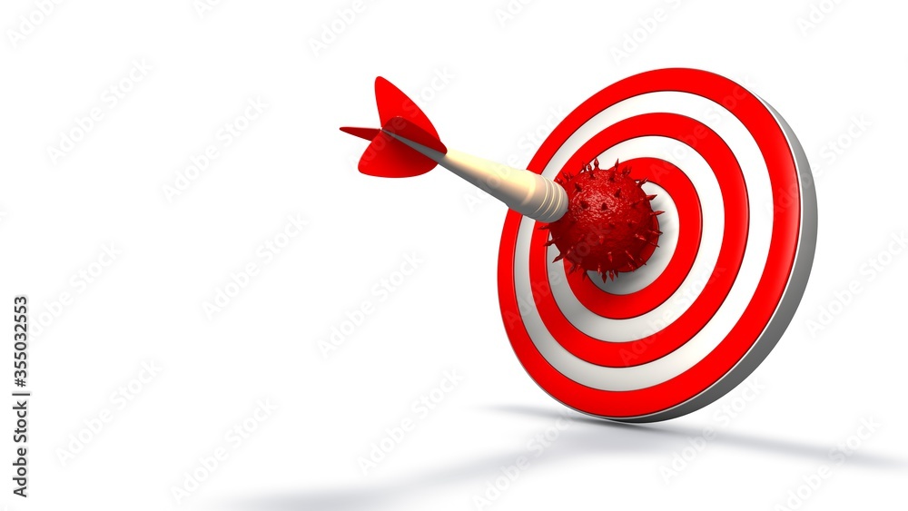 3D rendering of a shooting target and a red covid-19 coronavirus nailed with a dart. The idea of fighting the coronavirus and winning. 3D rendering of a shooting target and a red covid-19 coronavirus nailed with a dart. The idea of fighting the coronavirus and winning.