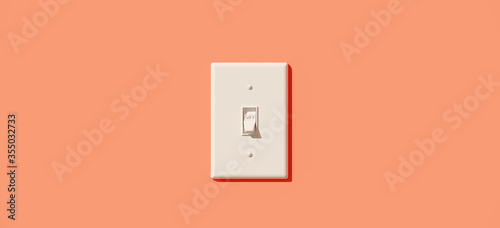Minimal composition for energy saving concept. White light switch in the off position with coral color background. 3d rendering illustration.