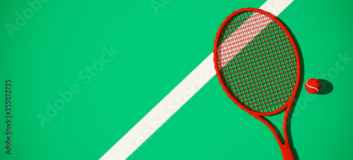 Minimal composition for sport and healthy concept. Tennis ball and racket on green tennis court background. 3d rendering illustration.
