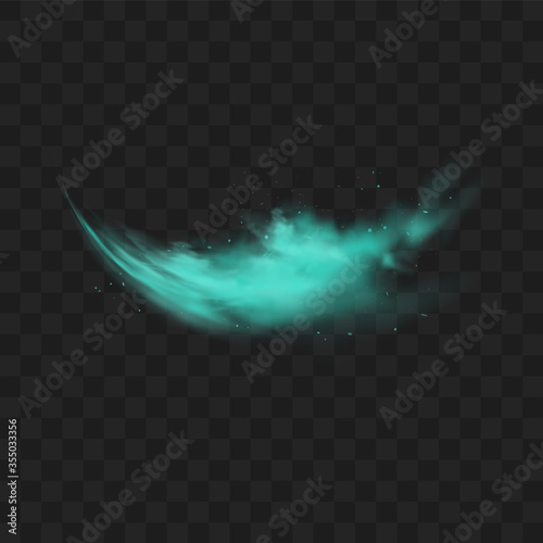 Blue smoke isolated on dark transparent background. Realistic blue magic mist cloud, chemical toxic gas, steam waves. Realistic vector illustration
