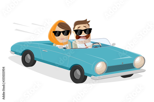 funny cartoon couple driving classic convertible car