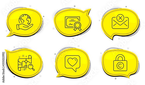 Copyright locker sign. Diploma certificate, save planet chat bubbles. Heart, Reject mail and Search map line icons set. Like rating, Delete letter, Find address. Private information. Vector