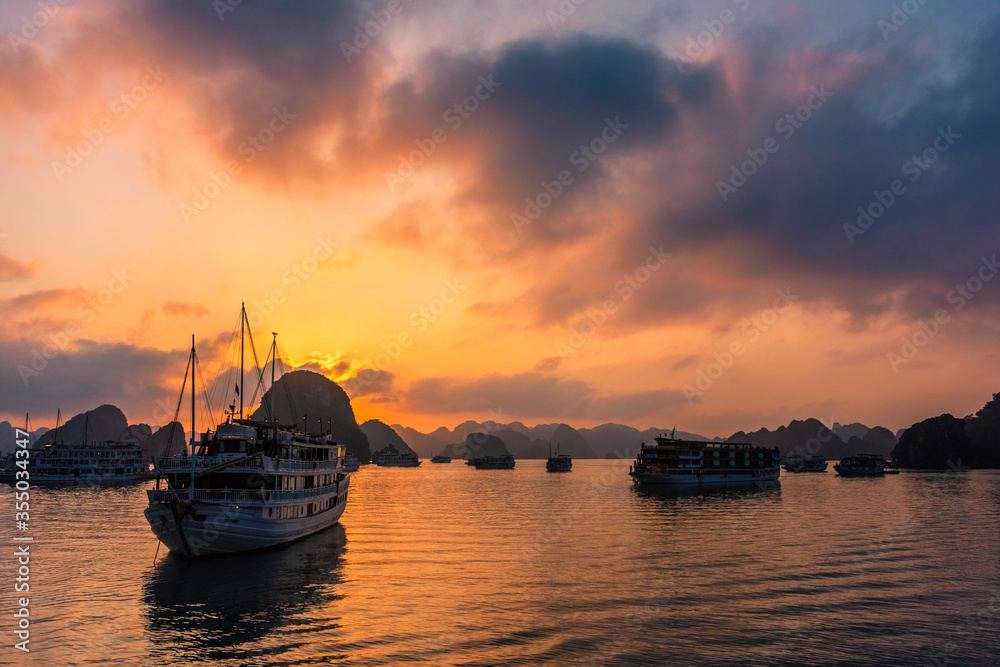 Amazing sunset over Ha Long Bay, Vietnam