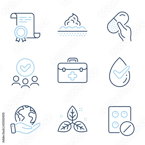 Dermatologically tested, First aid and Skin care line icons set. Diploma certificate, save planet, group of people. Capsule pill, Medical tablet and Fair trade signs. Vector